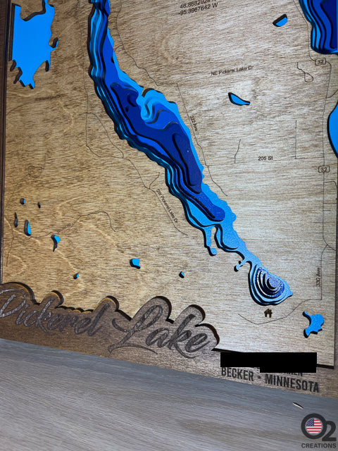 Customized Layered Bathymetric of Pickerel Lake,  Blecker County, MN. with custom house location engraved