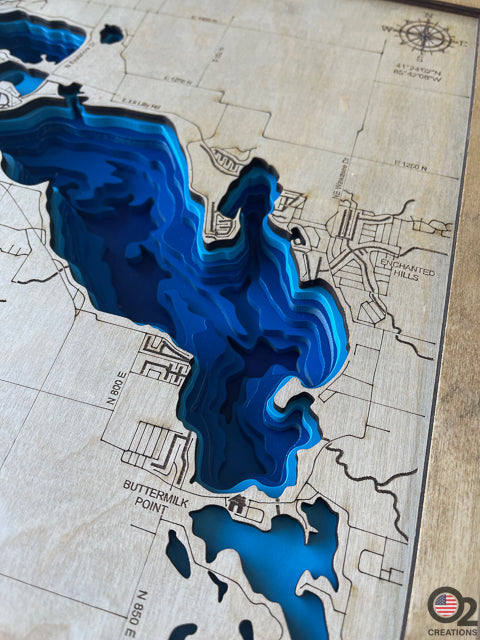 Customized Layered Bathymetric of Lake Wawasee, Kosciusko County, Indiana with custom house engraved